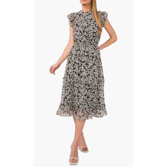 CeCe Women's Floral Flutter Sleeve Smocked Midi Dress SMALL - Picture 8 of 9